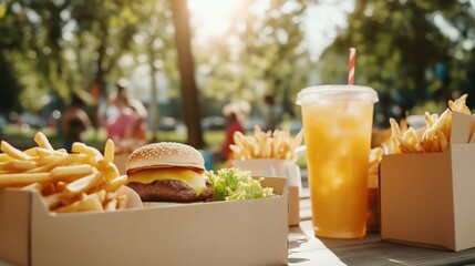 Close-up of fast food hamburgers, fries and drinks on a park bench, on a green background.