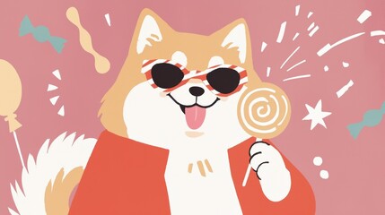 Puppy concept. Adorable doodle of a happy plump puppy wearing trendy striped sunglasses against a vibrant colorful background The cheerful playful canine character exudes a sense of joy and energy