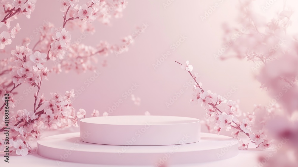 Poster elegant minimalistic product display with blossoms and soft pink gradient background