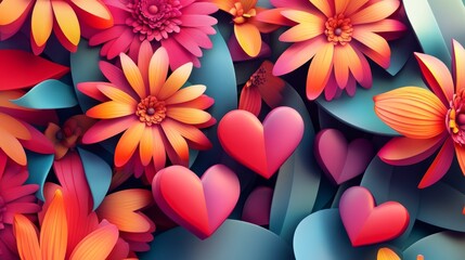 Obraz premium Vibrant Heart-shaped Floral Arrangements on Modern Geometric Stage Backdrop - 3D Illustration