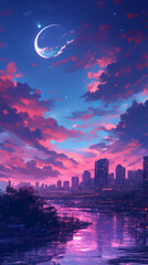 Naklejka premium 月と雲とビル群の夜景イラスト。都会を見渡せる絶景スポットを歩いている間隔になるイメージ。スマートフォン9:16のアスペクト比