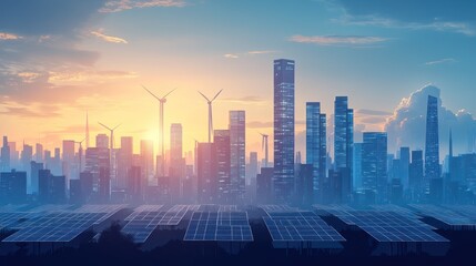 Obraz premium Sustainable city skyline at sunrise with solar panels and wind turbines