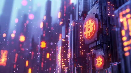 Futuristic Bitcoin Cityscape, glowing digital crypto mining