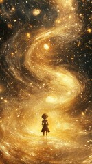 Naklejka premium Golden Galaxy Journey Awaiting Robot Traveler