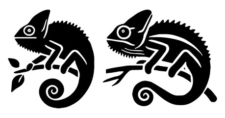 Chameleon Silhouette Set, Exotic Animal Flat Vector Illustration