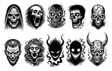 Horror Face Silhouette for Halloween, Scary, Dark Flat Vector Illustration