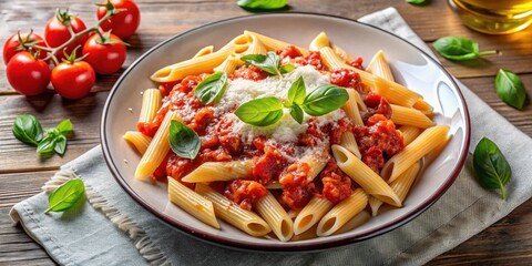 Penne pasta in a rich, vibrant tomato sauce with a sprinkle of parmesan cheese, garnished with fresh basil leaves and a drizzle of olive oil , homemade pasta, tomato sauce