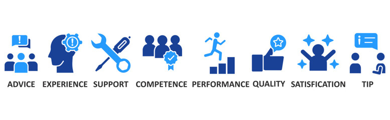 Service icon set illustration concept with icon of advice, experience, support, competence, performance, qaulity, satisfication, tip