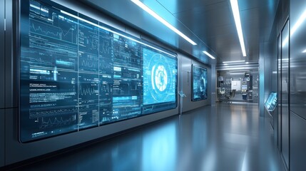 Futuristic corridor displays data; medical lab background
