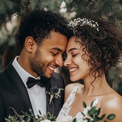 Bride And Groom Head To Head At Wedding Ceremony Smiling Sweetly Amidst Green Leaves