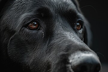 A closeup of the face of a black Labrador blended with the black background