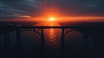 Fototapeta premium Stunning sunset over a bridge with vibrant colors reflecting on the water