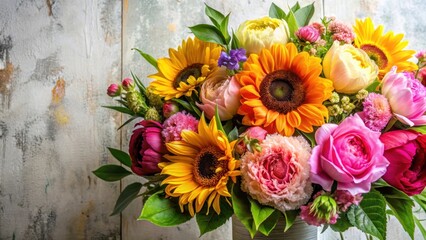 Fototapeta premium Colorful mixed flower arrangement with peonies roses lilies and sunflowers set against a soft white textured background