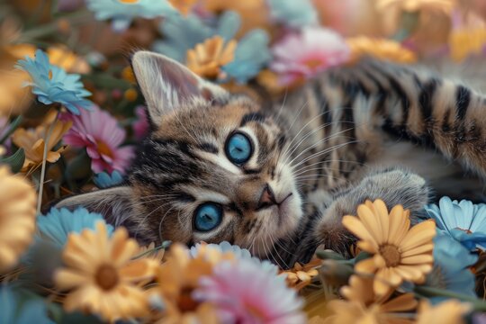 A striped kitten with wide open blue eyes lays on side between flowers - Powered by Adobe