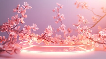 Enchanting 3D Product Display Surrounded by Blossoms in Minimalist Design with Romantic Glow