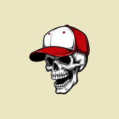 The image shows a stylized skull wearing a red and white baseball cap creating a unique and edgy visual.