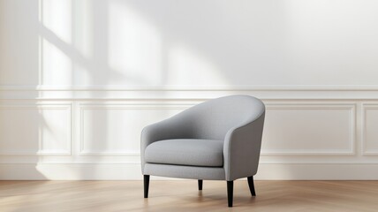 Elegant 3D Rendering of a Gray Armchair in a Modern White Living Room Setting