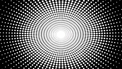 Create a black-and-white halftone dot background with a radial pattern. The dots should vary in size, becoming larger toward the edges and smaller near the center, forming a gradient effect. 