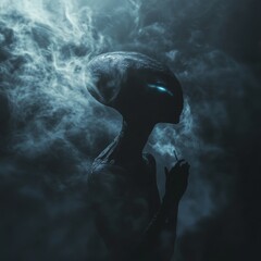 Eerie Alien Form in Smoky Mist Holding Thin Rod With Glowing Blue Eyes and Ovoid Head Silhouette