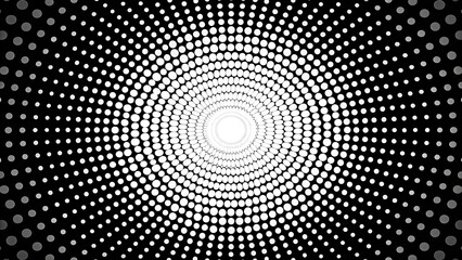 Create a black-and-white halftone dot background with a radial pattern. The dots should vary in size, becoming larger toward the edges and smaller near the center, forming a gradient effect. 