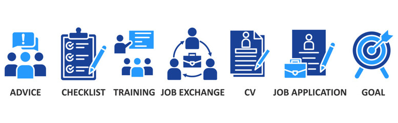 Career icon set illustration concept with icon of advice,checklist,training,job exchange,cv,job apllication,goal	