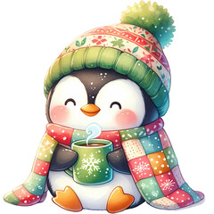 Cozy Penguin - Cute Winter Penguin Art, Adorable Penguin Illustration, Penguin with Scarf and Hat, Snowy Penguin Decor, Warm and Snuggly Penguin, Penguin in Sweater, Festive Penguin Artwork for Winter