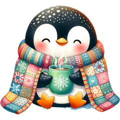 Cozy Penguin - Cute Winter Penguin Art, Adorable Penguin Illustration, Penguin with Scarf and Hat, Snowy Penguin Decor, Warm and Snuggly Penguin, Penguin in Sweater, Festive Penguin Artwork for Winter