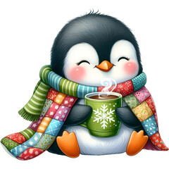 Cozy Penguin - Cute Winter Penguin Art, Adorable Penguin Illustration, Penguin with Scarf and Hat, Snowy Penguin Decor, Warm and Snuggly Penguin, Penguin in Sweater, Festive Penguin Artwork for Winter