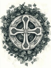 Celtic Cross Surrounded by Ivy in a Vintage Sketch Illustration Style with Shading and Depth