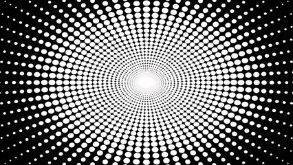 Create a black-and-white halftone dot background with a radial pattern. The dots should vary in size, becoming larger toward the edges and smaller near the center, forming a gradient effect. 