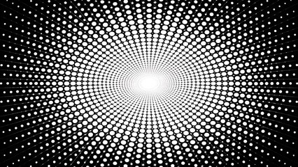 Create a black-and-white halftone dot background with a radial pattern. The dots should vary in size, becoming larger toward the edges and smaller near the center, forming a gradient effect. 