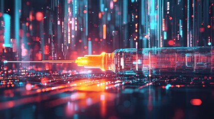 Obraz premium Digital Syringe Injection, Futuristic Cityscape, Data Stream, Healthcare