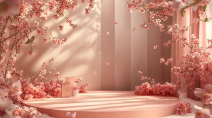 Enchanting 3D Product Display in Romantic Stage Setting with Blossoming Flowers and Textures