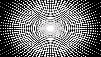 Create a black-and-white halftone dot background with a radial pattern. The dots should vary in size, becoming larger toward the edges and smaller near the center, forming a gradient effect. 
