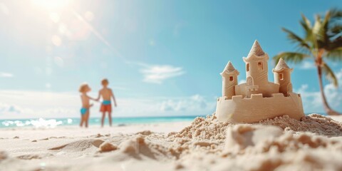 Sand castle is built on the beach with two children playing nearby
