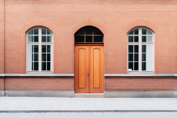 Brick building with a wooden door and two windows