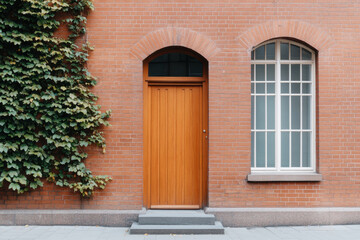 Brown brick building with a green ivy growing on it