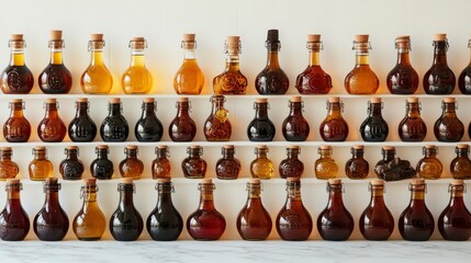 Collection of Amber Glass Bottles Filled with Maple Syrup