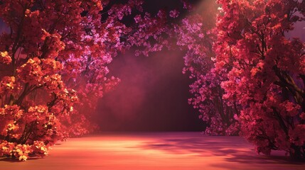 Obraz premium Enchanting 3D Romantic Stage Backdrop with Vibrant Blossoms for Product Displays