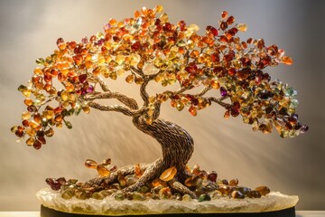 Gemstone Tree Art with Orange and Yellow Tones Resting on Rock Base Under Soft Lighting