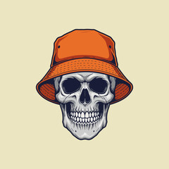 A stylized illustration of a human skull wearing a bright orange bucket hat.