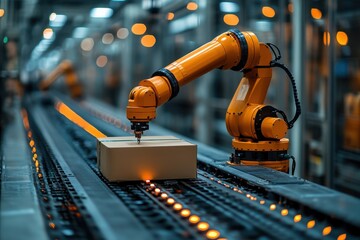 Industrial robot arm sorts packages on a conveyor belt in a modern warehouse during nighttime