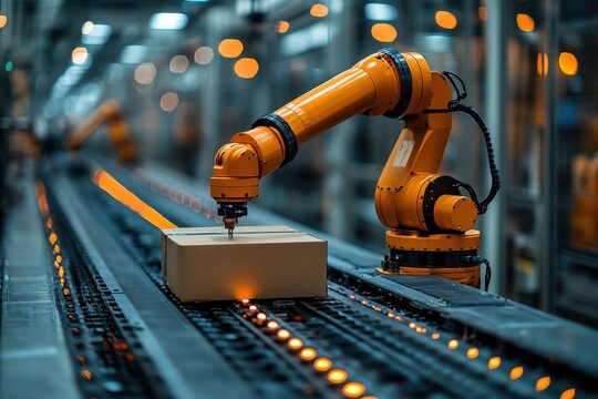 Industrial robot arm sorts packages on a conveyor belt in a modern warehouse during nighttime
