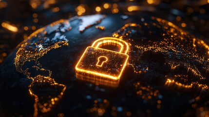 Global cybersecurity lock glowing on Earth, data streams