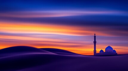 A serene sunset over rolling dunes with a mosque silhouette in the foreground.