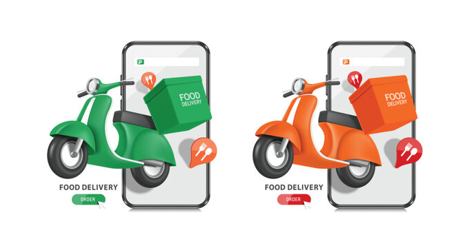 Scooter or motorcycle with a box or bag of food on the back, pin map to deliver food to customers and all flying in front of the smartphone, vector 3d isolated for delivery advertising design