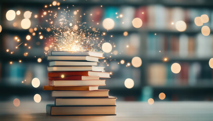 Stack of books with a sparkle on top