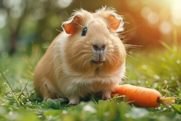 Fototapeta premium Funny fat guinea pig with a carrot in summer