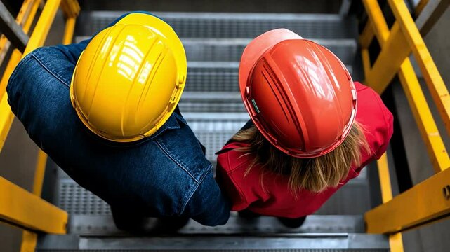 Two construction workers wearing helmets ascend a staircase in a modern industrial setting.