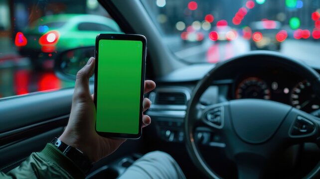 Smartphone with green screen in the hands of a man driving car